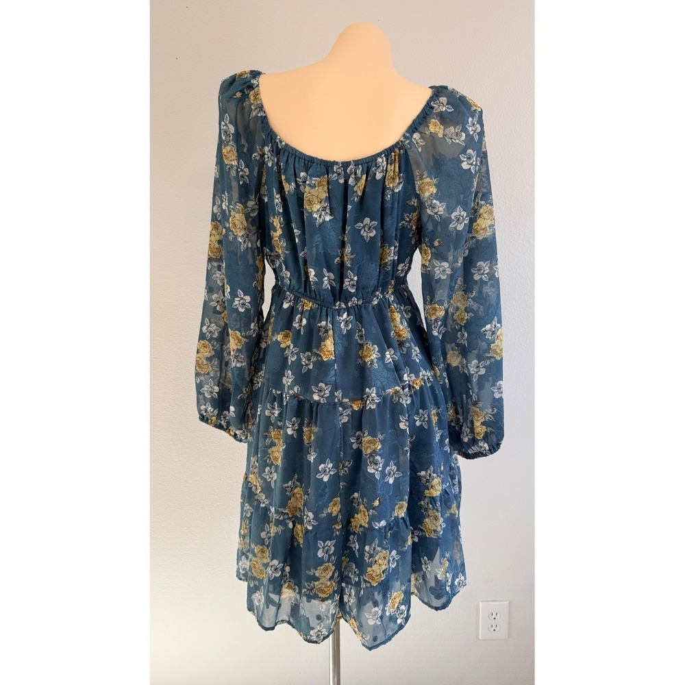 Baltic Born Lombard Tiered Dress Blue Gold Floral Cottagecore Boho Mini Medium - Picture 4 of 15